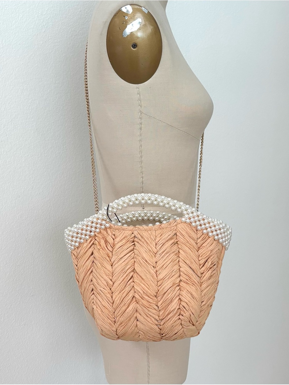 Zara Braided Pearl Embellished Bucket Bag NWT Crossbody Gold Chain - Picture 3 of 9